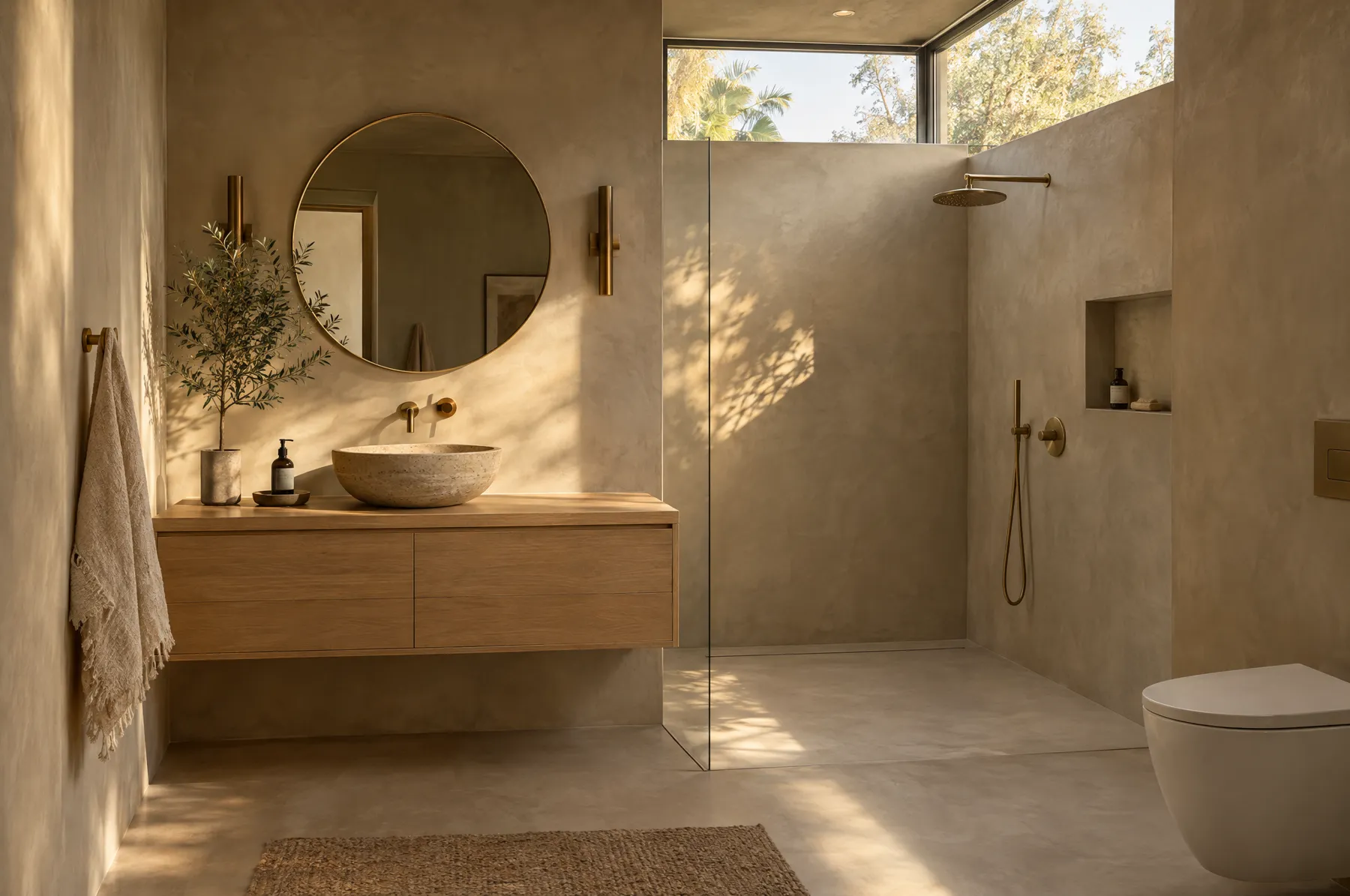 Warm greige microcement bathroom with seamless walls, floor and walk-in shower, white-oak vanity and brass fixtures