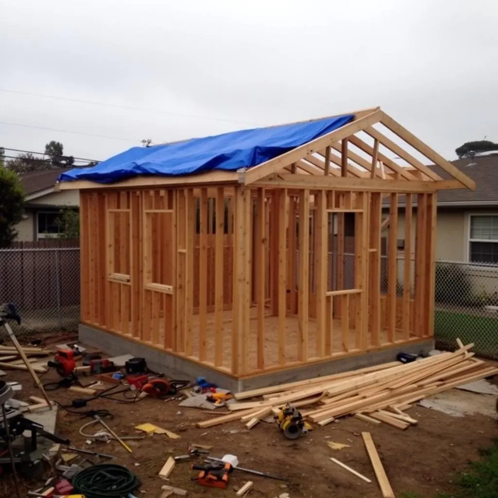 ADU at framing stage with blue tarp roof and lumber on site