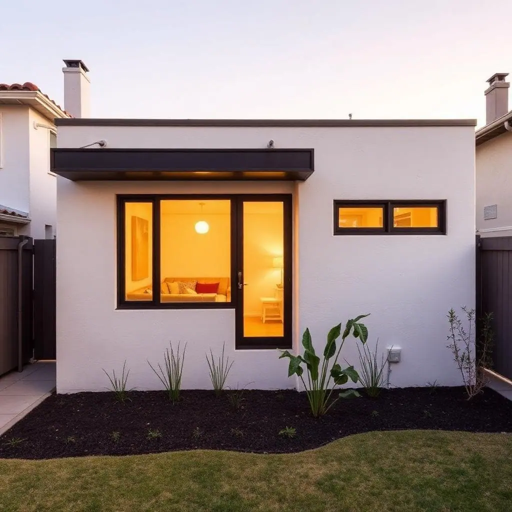 White stucco detached ADU with landscaped backyard