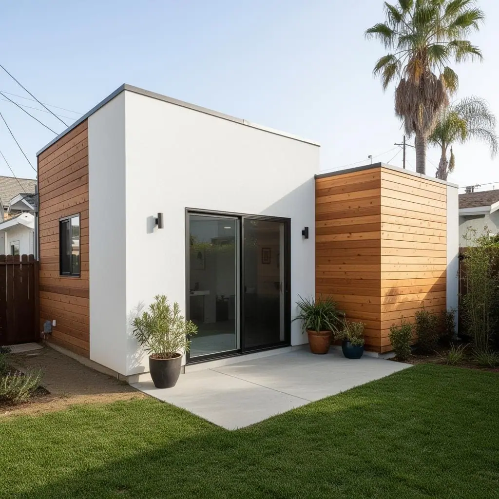 Modern white and cedar ADU with sliding glass door in LA backyard