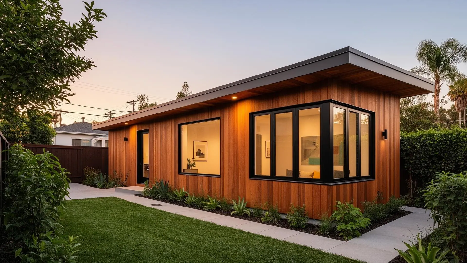 Cedar-clad detached ADU at dusk, completed by Valley Vista Builders in the San Fernando Valley